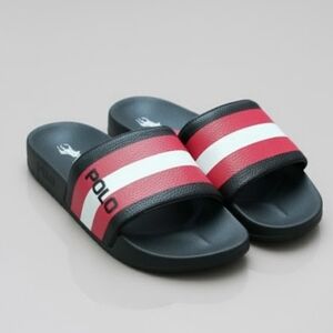 NEW! Polo by Ralph Lauren Black and Red Slide Sandals Sporty Design sz 6